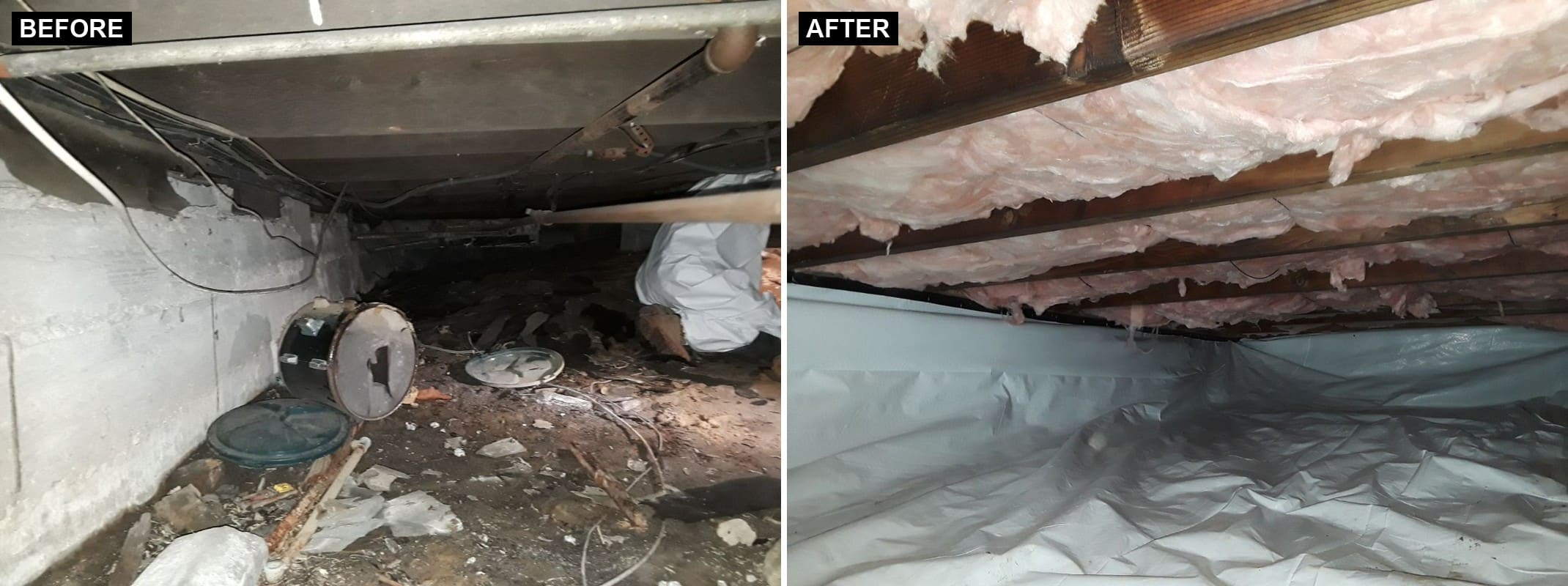 Attic restoration Concord — crawlspace before and after