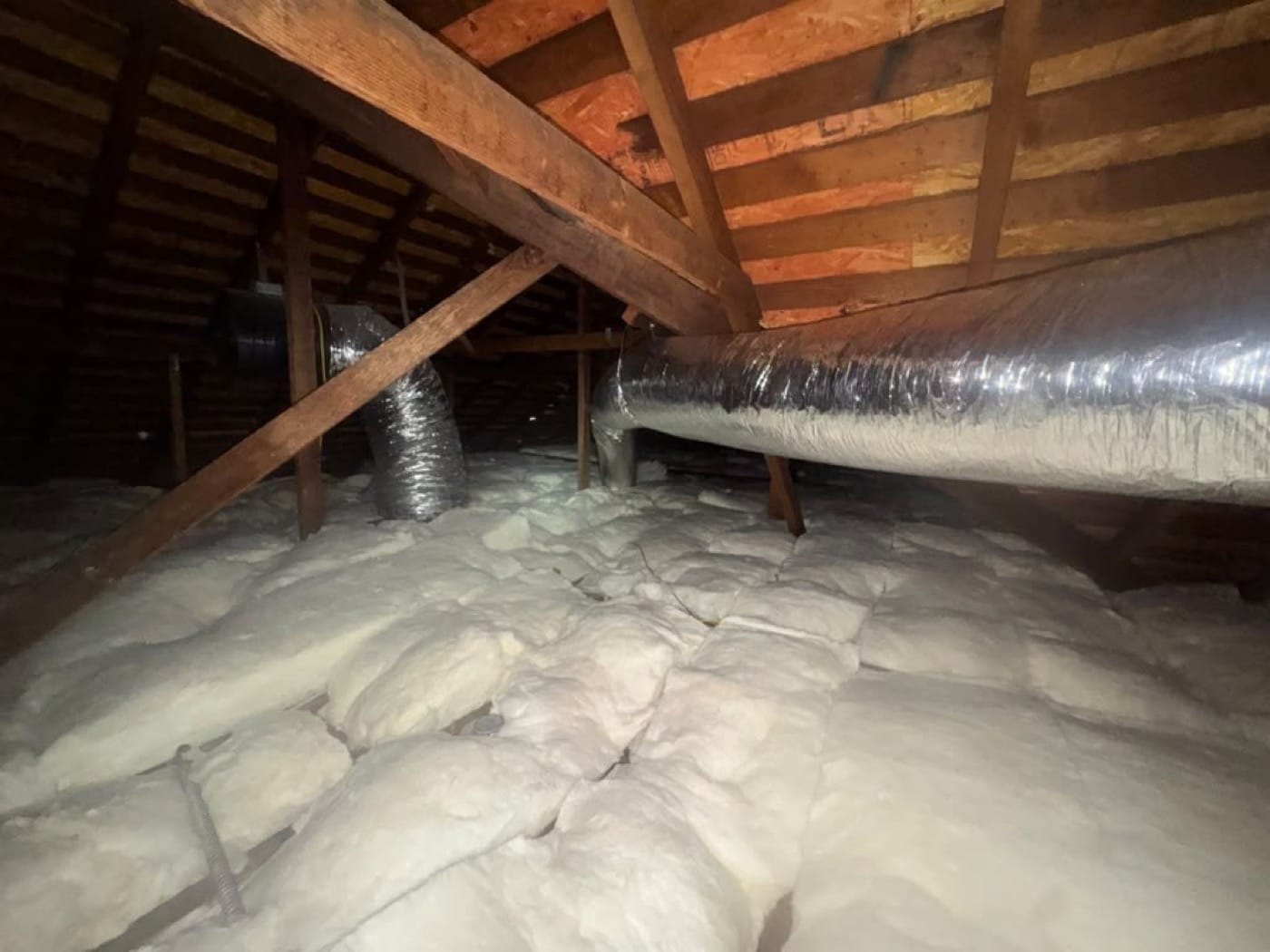 Old insulation with rodent droppings before cleanup in San Marino attic
