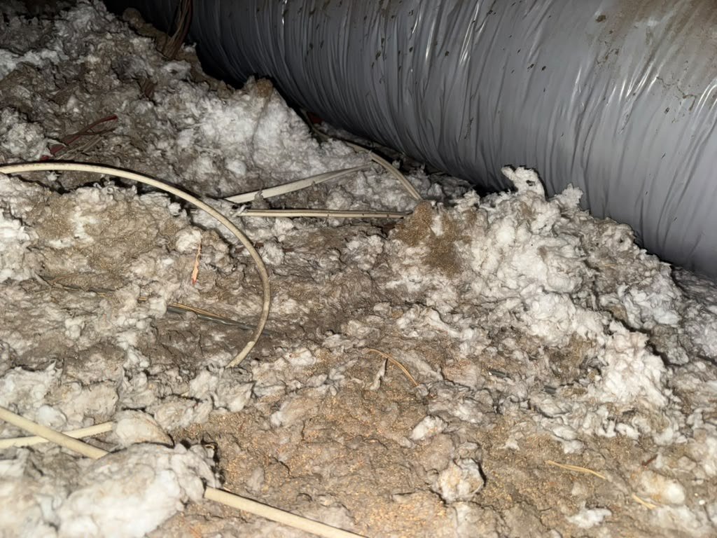 Anaheim attic before work, old insulation and debris