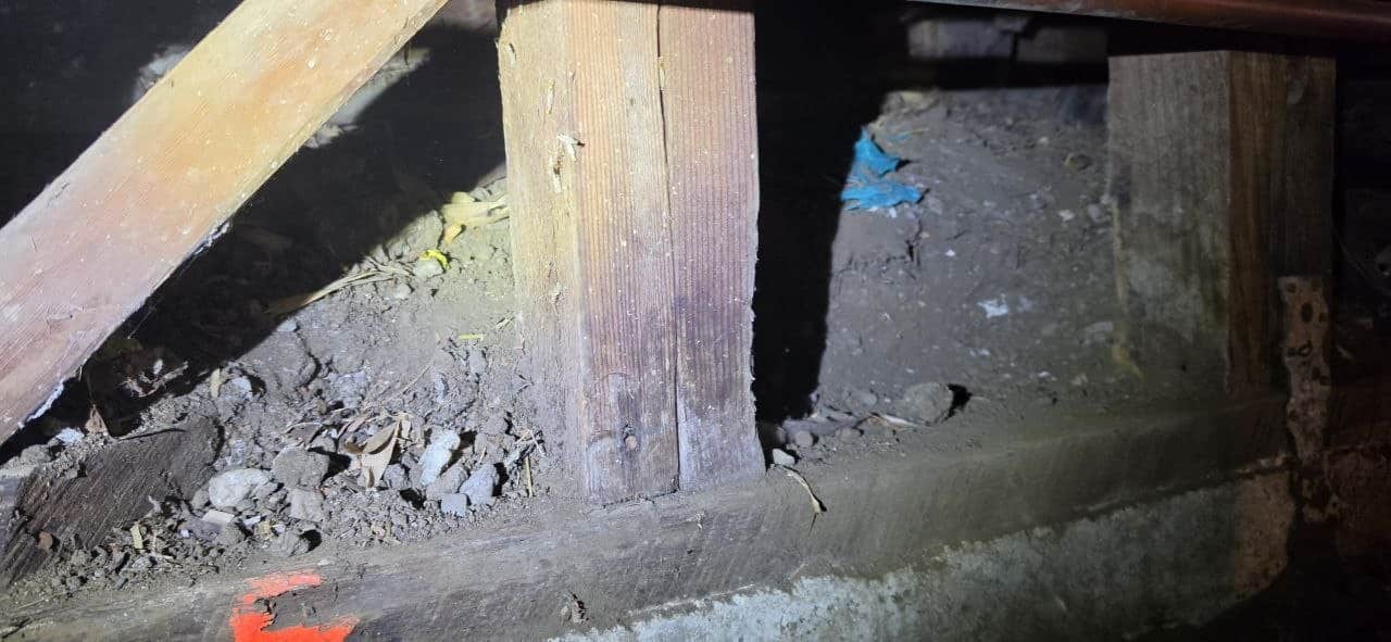Berkeley crawl space before work: bare soil and debris between the piers