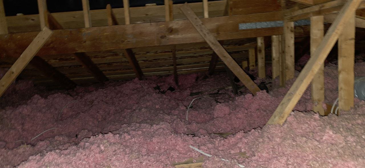Another area of old insulation in the Fremont attic before work