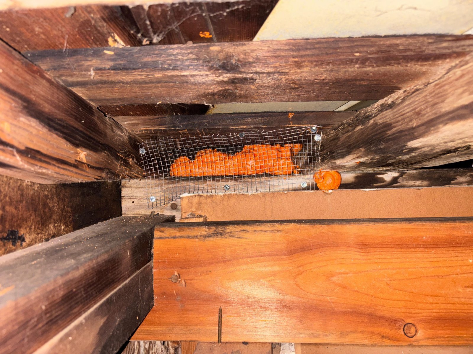 Wire mesh and foam sealing at the chimney base in a Glendale attic