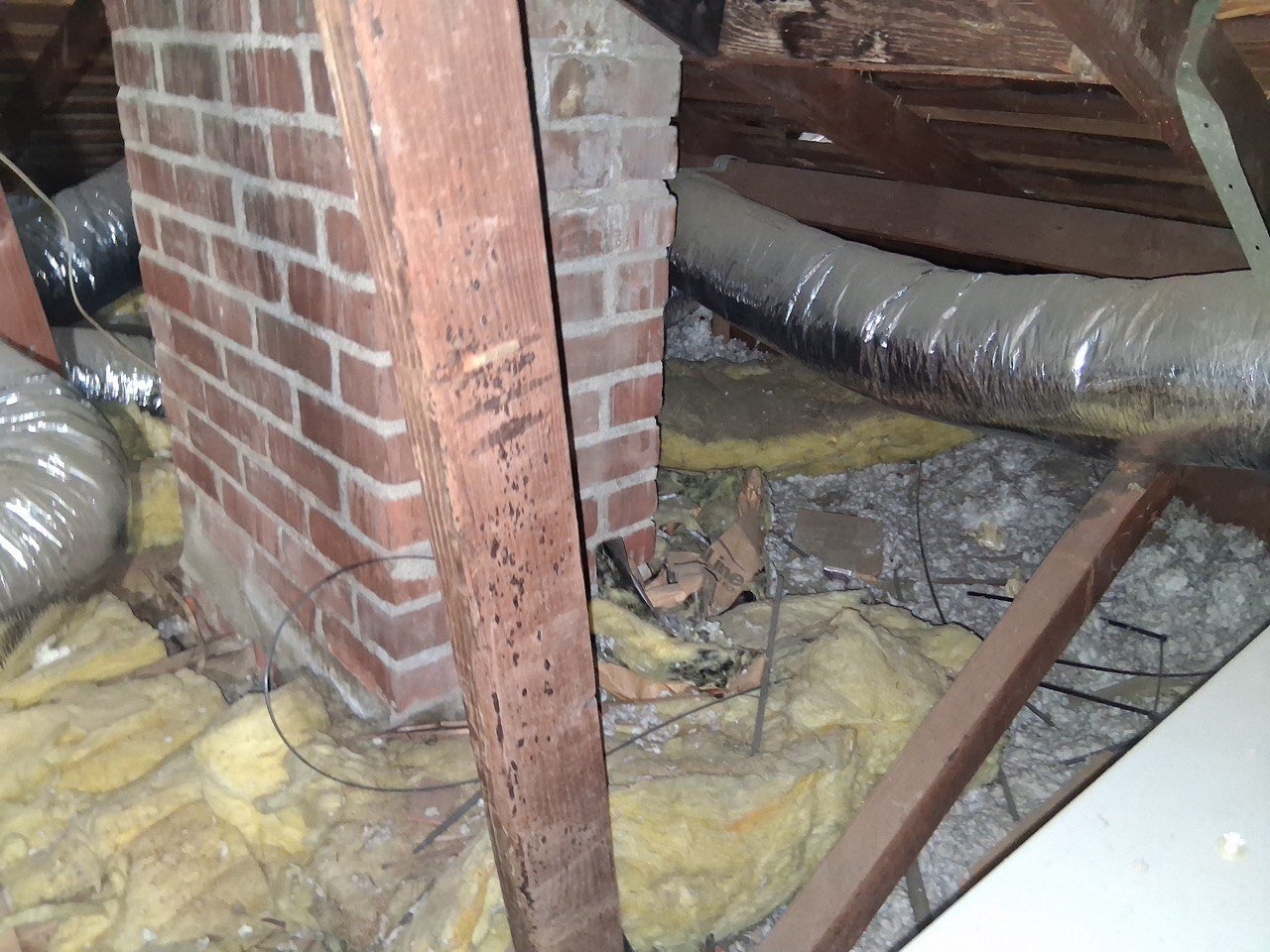 Old insulation around the chimney in a Glendale attic before work