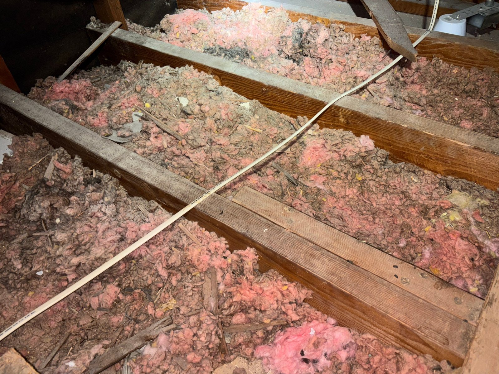 Glendale attic before work, old insulation and debris