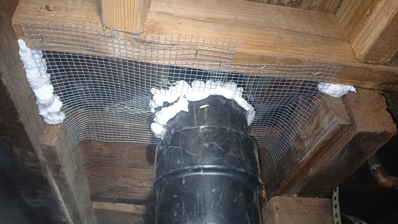 Vent screened with wire mesh and foam around a pipe in a Glendale crawl space