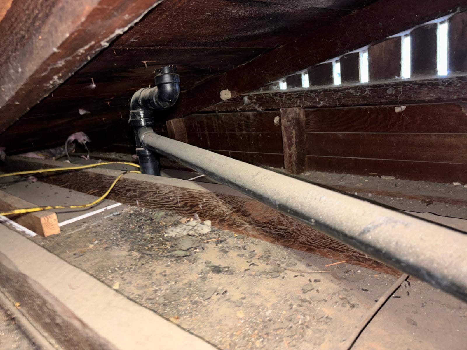 Long Beach attic before work, old insulation and debris