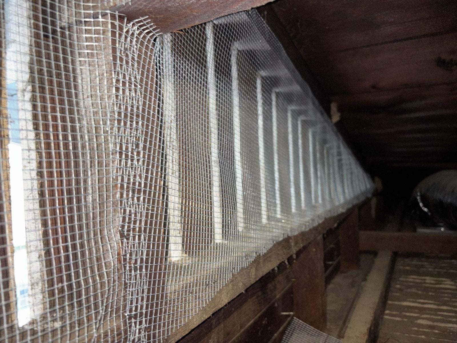 Attic vent screened with wire mesh in Long Beach