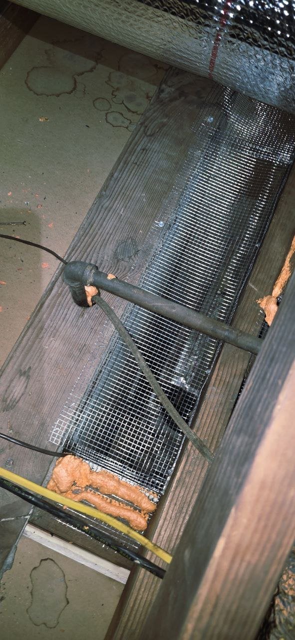 Wire mesh and foam sealing an attic opening in Napa