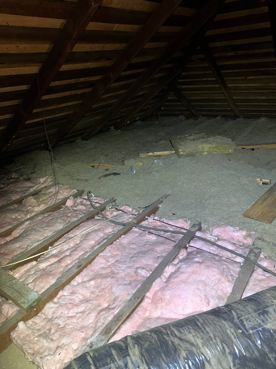 Oakland attic before work, old insulation