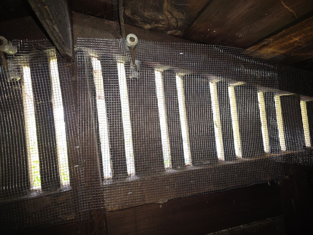 Attic vent screened with wire mesh in Oakland