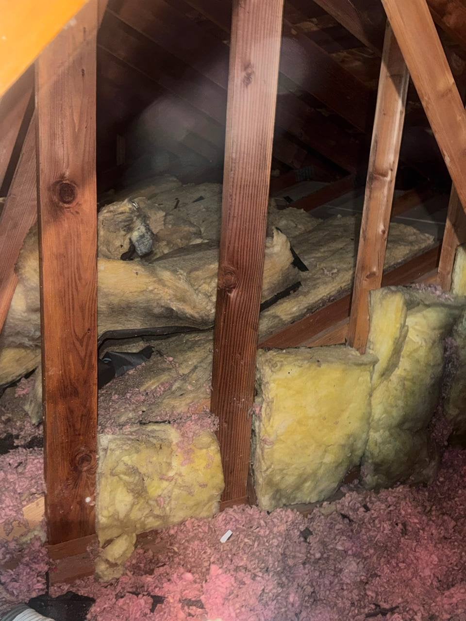 Petaluma attic before work, old insulation