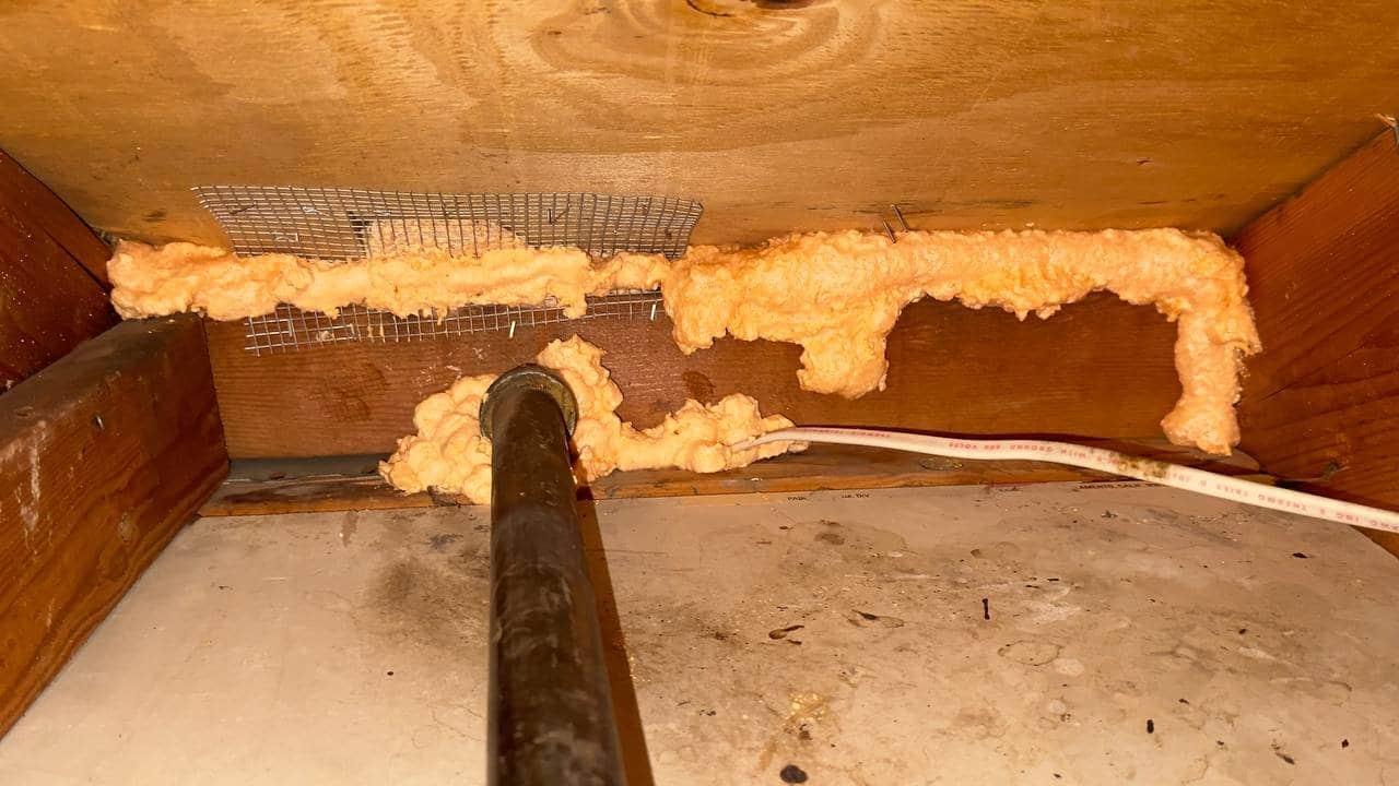 Polyurethane foam air sealing along attic framing in Pleasanton