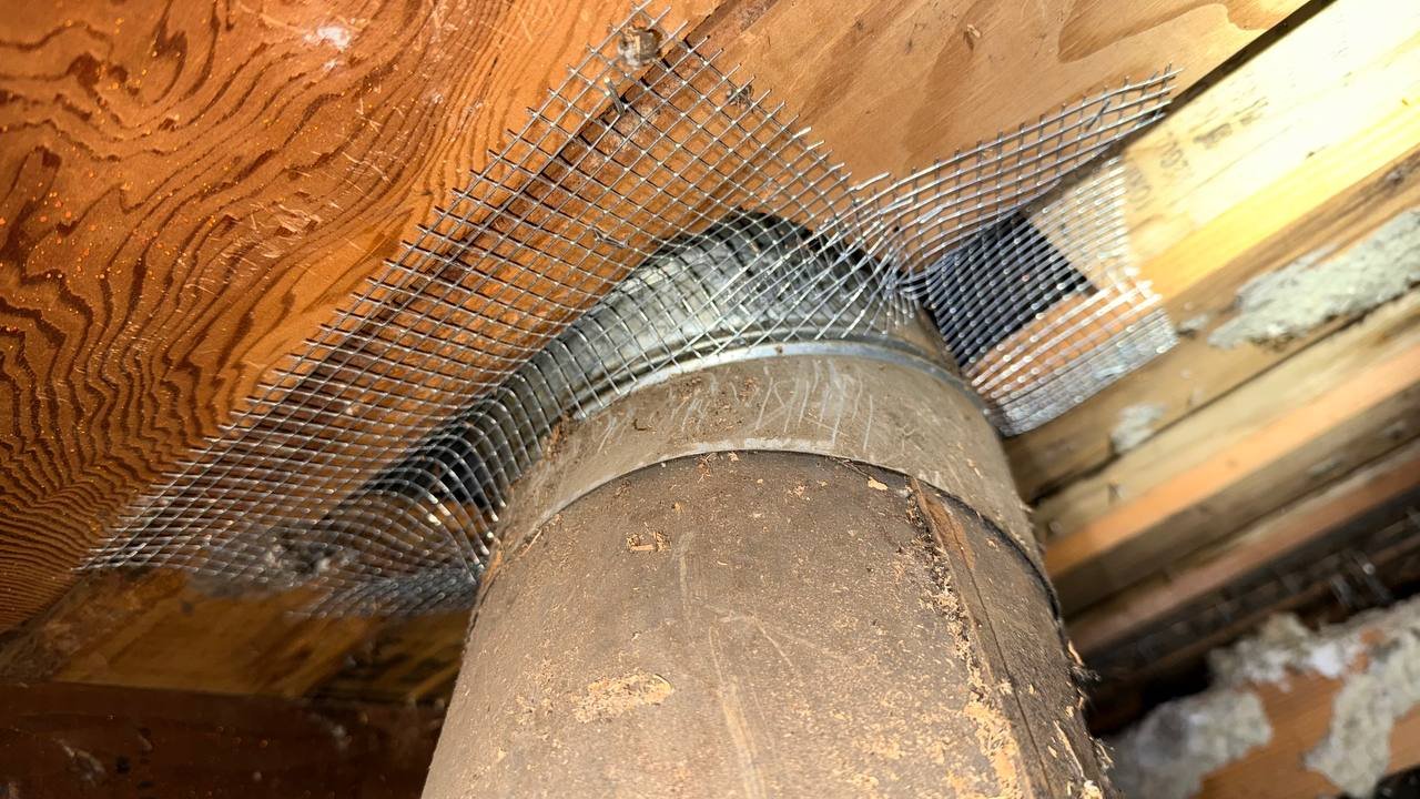 Wire mesh rodent proofing around a flue in a San Jose attic