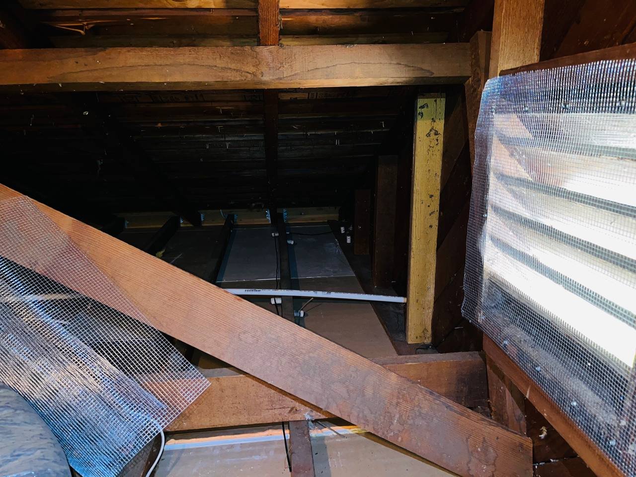 Attic vent screened with wire mesh in San Jose