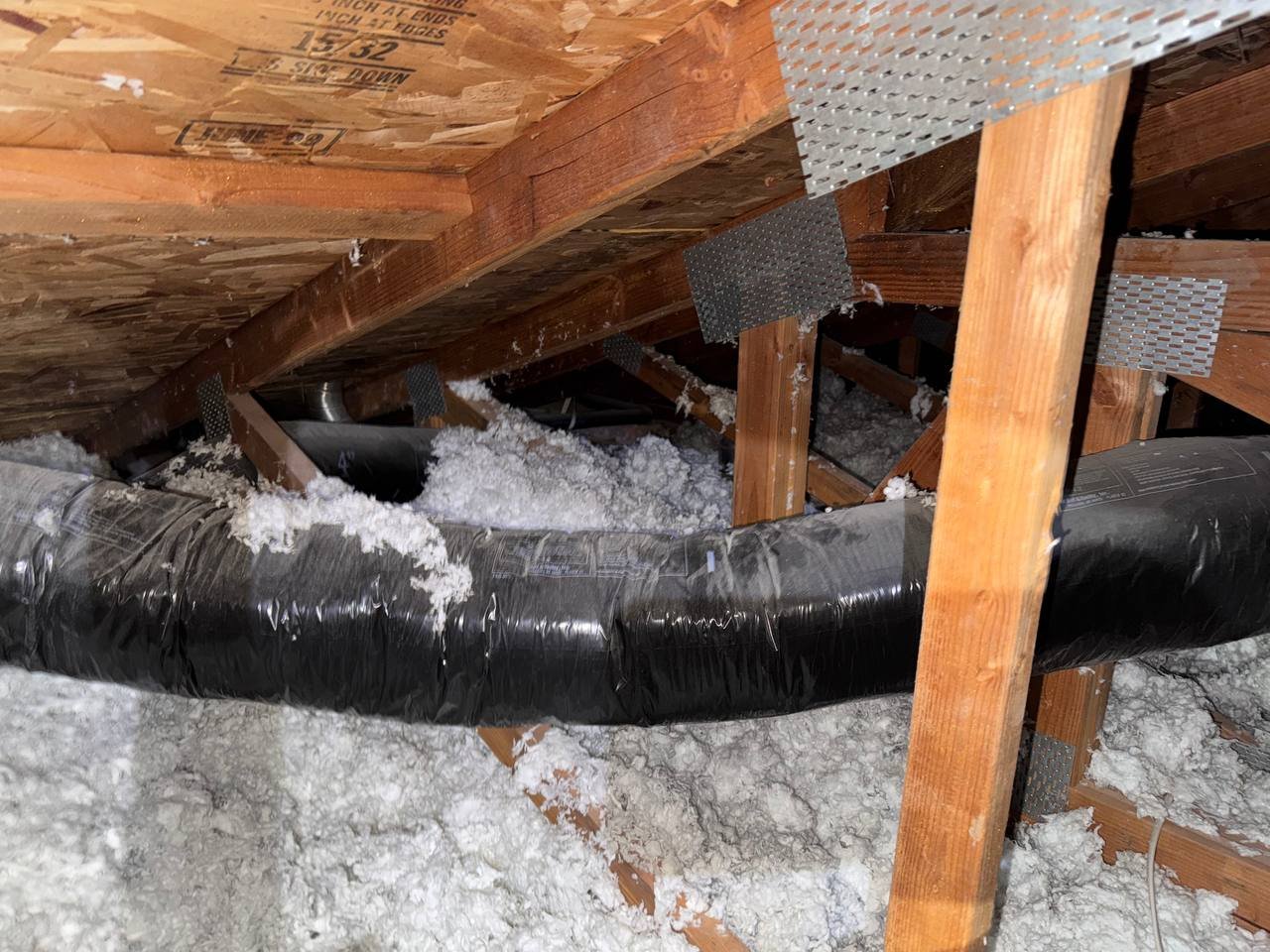 Another area of old insulation in the San Jose attic before work