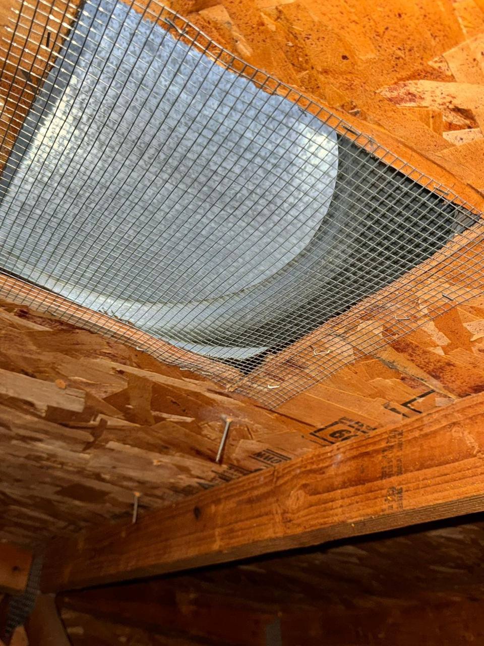 Attic vent screened with wire mesh in San Jose