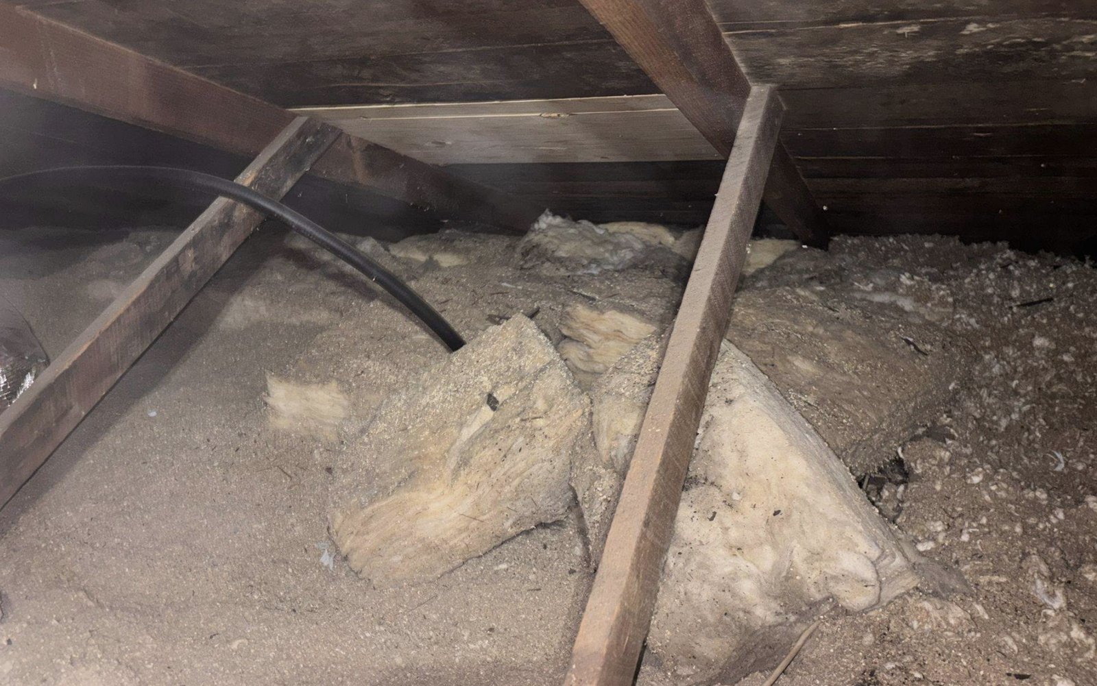San Jose attic before work, old insulation