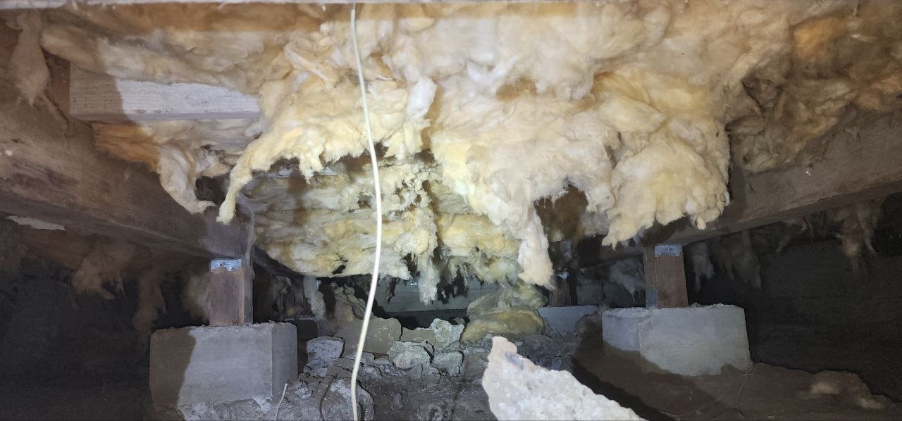 Old insulation hanging in a San Jose crawl space before work