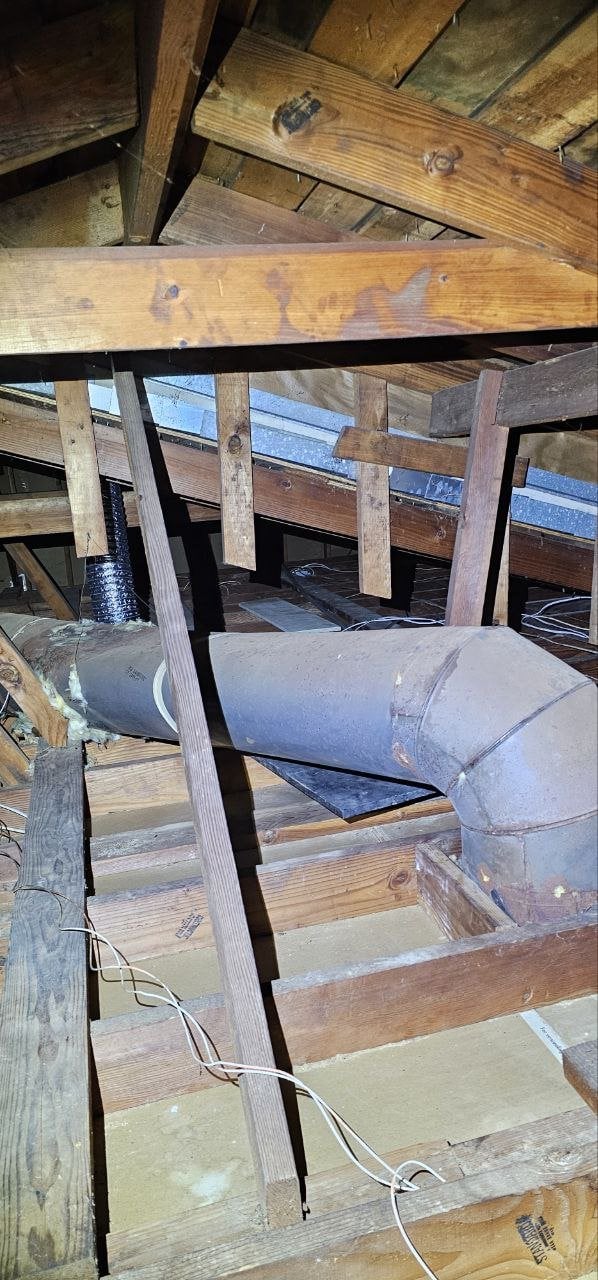Old duct run in a San Rafael attic before work