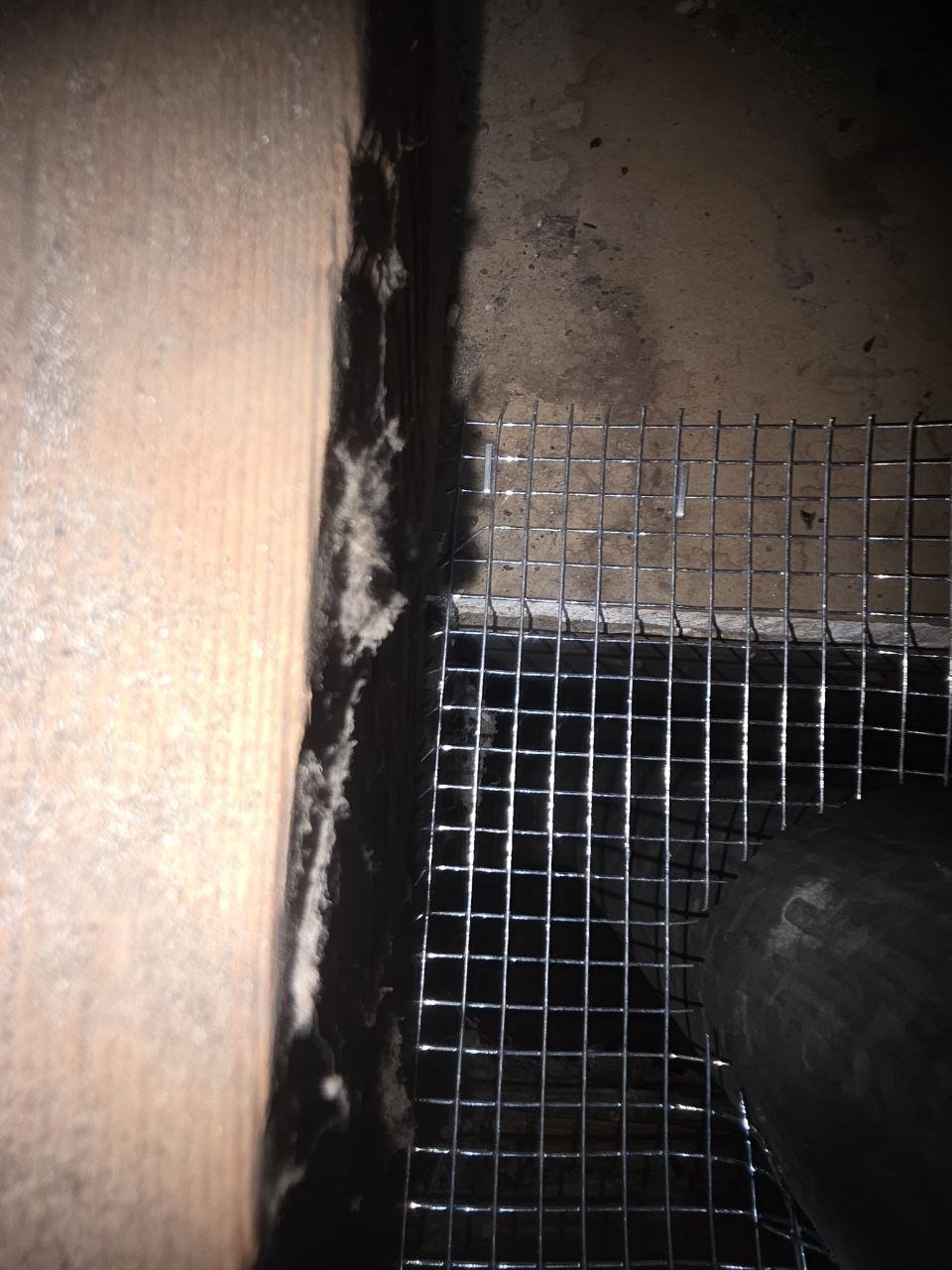 Wire mesh over an attic opening beside a duct in South San Francisco