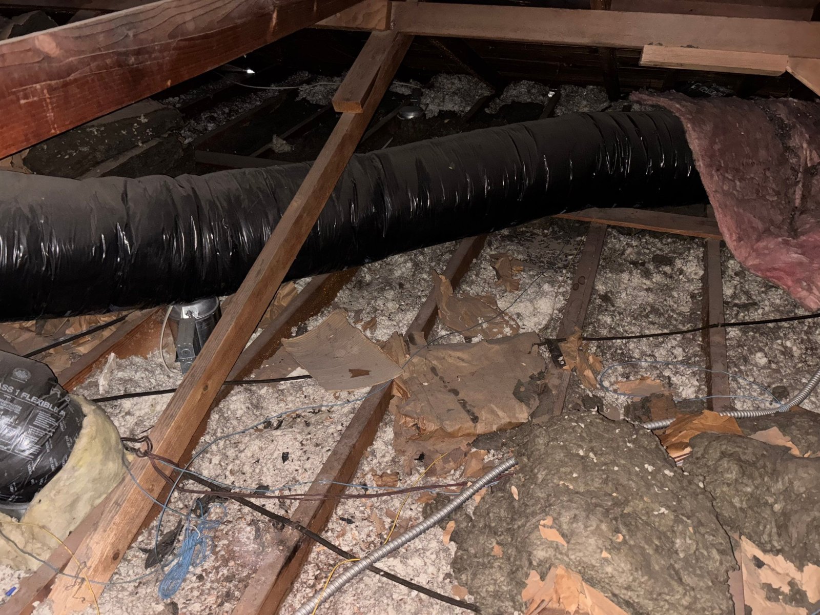 Upland attic before work, old insulation